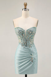 Sparkly Grey Green Corset Tight Short Homecoming Dress with Beading