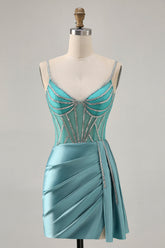 Sparkly Green Tight Satin Corset Short Homecoming Dress