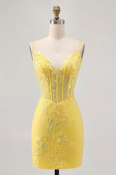 Sparkly Yellow Corset Floral Tight Short Homecoming Dress with Sequins