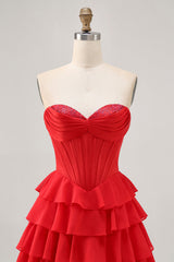 Sparkly Red Corset Short Tiered Homecoming Dress with Beading