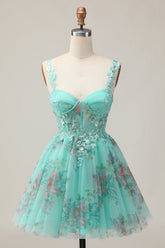 Sparkly Green Corset Floral A Line Short Homecoming Dress with Sequins