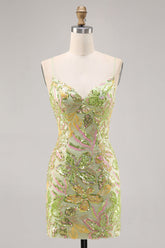 Sparkly Green Spaghetti Straps Short Sequin Floral Tight Homecoming Dress