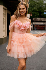 Blush Floral Cold Shoulder Tulle Tiered Short Homecoming Dress with Ruffles