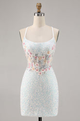Sparky White Corset Floral Tight Short Homecoming Dress