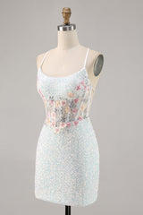 Sparky White Corset Floral Tight Short Homecoming Dress