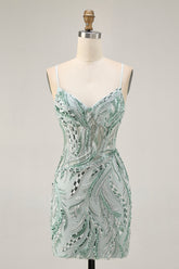 Sparkly Green Corset Spaghetti Straps Short Homecoming Dress with Sequins