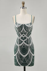 Sparkly Dark Green Short Tight Homecoming Dress with Beading