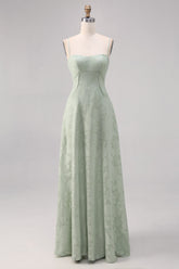 Sage Green Floral Lace Corset Spaghetti Straps Long Bridesmaid Dress