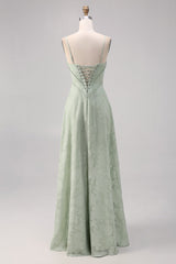 Sage Green Floral Lace Corset Spaghetti Straps Long Bridesmaid Dress
