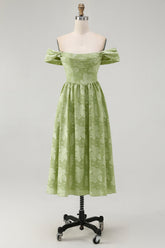 Sage Green Off the Shoulder Floral Midi Bridesmaid Dress