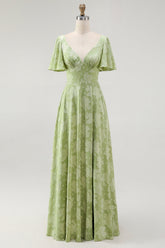 Sage Green Floral V-Neck A-Line Long Wedding Guest Dress