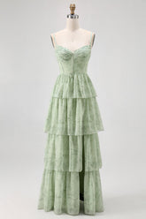 Dusty Sage Corset Tiered A Line Long Bridesmaid Dress with Slit