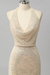 Sparkly Apricot Halter Sequin Mermaid Backless Long Prom Dress