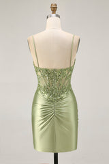 Sparkly Sage Green Satin Tight Short Corset Homecoming Dress with Sequins