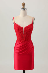 Dark Red Satin Corset Short Tight Homecoming Dress with Lace