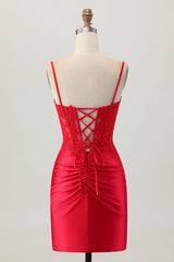 Dark Red Satin Corset Short Tight Homecoming Dress with Lace