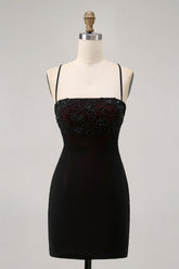 Black Tight Spaghetti Straps Short Homecoming Dress with Beading