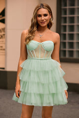 Light Green Tiered Short Corset Homecoming Dress with Ruffles