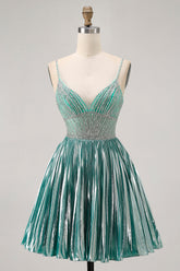 Sparkly Green Metallic A Line Short Homecoming Dress with Beading