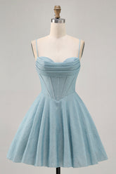 Grey Blue Corset A Line Spaghetti Straps Short Homecoming Dress