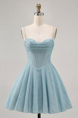 Grey Blue Corset A Line Spaghetti Straps Short Homecoming Dress