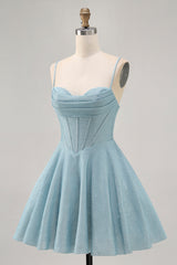 Grey Blue Corset A Line Spaghetti Straps Short Homecoming Dress