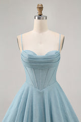Grey Blue Corset A Line Spaghetti Straps Short Homecoming Dress