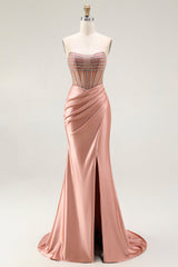 Sparkly Blush Mermaid Strapless Satin Long Prom Dress with Slit