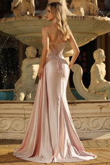 Sparkly Champagne Spaghetti Straps Mermaid Satin Long Prom Dress with Beading