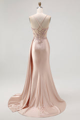 Sparkly Champagne Spaghetti Straps Mermaid Satin Long Prom Dress with Beading