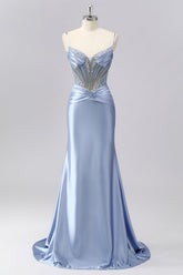 Sparkly Grey Blue Mermaid Spaghetti Straps Long Prom Dress with Beading