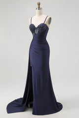 Sparkly Navy Spaghetti Straps Mermaid Long Corset Prom Dress with Beading