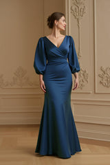 Navy Satin Mermaid V-Neck Long Wedding Guest Dress with Sleeves