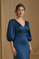 Navy Satin Mermaid V-Neck Long Wedding Guest Dress with Sleeves