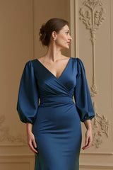 Navy Satin Mermaid V-Neck Long Wedding Guest Dress with Sleeves
