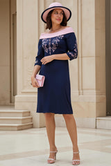 Navy Satin Sheath Off The Shoulder Midi Wedding Guest Dress with Sleeves