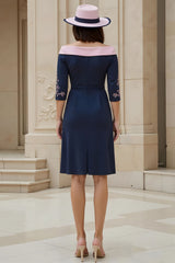 Navy Satin Sheath Off The Shoulder Midi Wedding Guest Dress with Sleeves