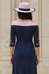 Navy Satin Sheath Off The Shoulder Midi Wedding Guest Dress with Sleeves