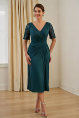 Pine Ruched Sheath V-Neck Midi Wedding Guest Dress with Lace