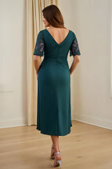 Pine Ruched Sheath V-Neck Midi Wedding Guest Dress with Lace