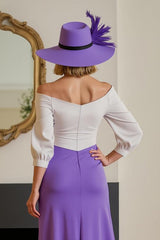 Purple Chiffon Sheath Off The Shoulder Long Wedding Guest Dress with Sleeves