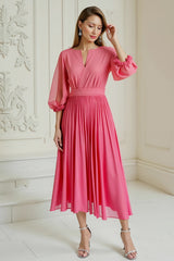 Hot Pink A Line Chiffon Pleated Long Wedding Guest Dress with Sleeves