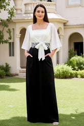 Black and White Sheath Chiffon Long Wedding Guest Dress with Bow