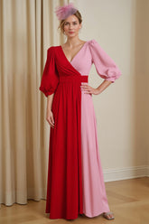Red Chiffon A Line V-Neck Long Wedding Guest Dress with Sleeves