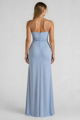 Light Blue Chiffon Ruched Sheath Long Bridesmaid Dress with Slit