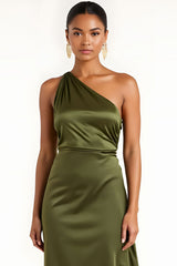 Olive Sheath Satin One Shoulder Ruched Asymmetrical Bridesmaid Dress