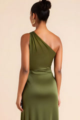 Olive Sheath Satin One Shoulder Ruched Asymmetrical Bridesmaid Dress