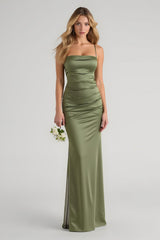 Simple Olive Spaghetti Straps Satin Long Bridesmaid Dress