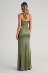 Simple Olive Spaghetti Straps Satin Long Bridesmaid Dress