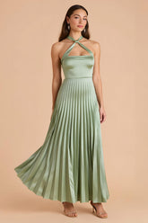 Sage Green Satin A Line Halter Pleated Long Bridesmaid Dress